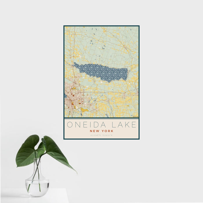 16x24 Oneida Lake New York Map Print Portrait Orientation in Woodblock Style With Tropical Plant Leaves in Water