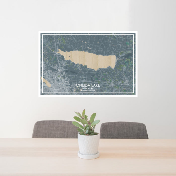 24x36 Oneida Lake New York Map Print Lanscape Orientation in Afternoon Style Behind 2 Chairs Table and Potted Plant