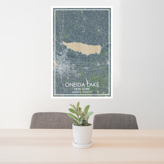 24x36 Oneida Lake New York Map Print Portrait Orientation in Afternoon Style Behind 2 Chairs Table and Potted Plant