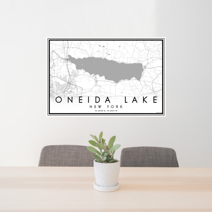 24x36 Oneida Lake New York Map Print Lanscape Orientation in Classic Style Behind 2 Chairs Table and Potted Plant