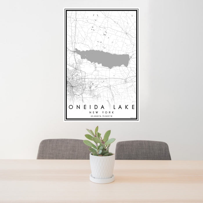 24x36 Oneida Lake New York Map Print Portrait Orientation in Classic Style Behind 2 Chairs Table and Potted Plant