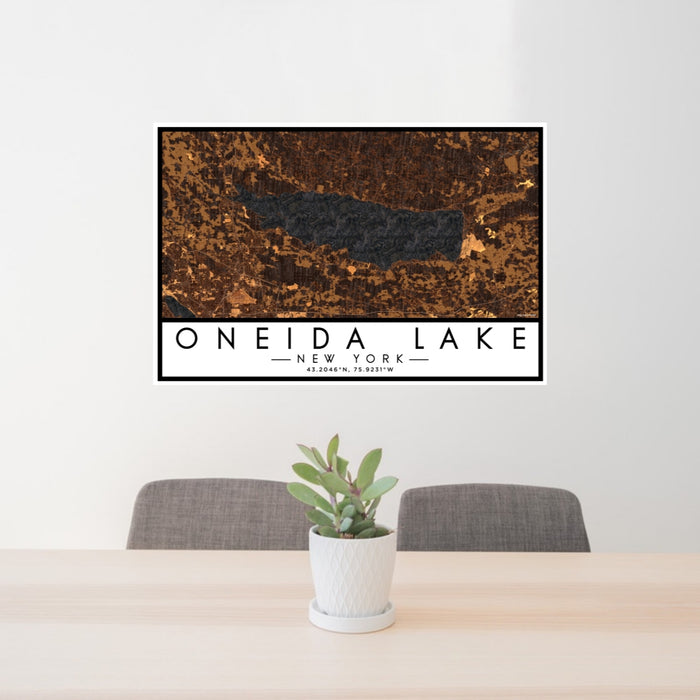 24x36 Oneida Lake New York Map Print Lanscape Orientation in Ember Style Behind 2 Chairs Table and Potted Plant