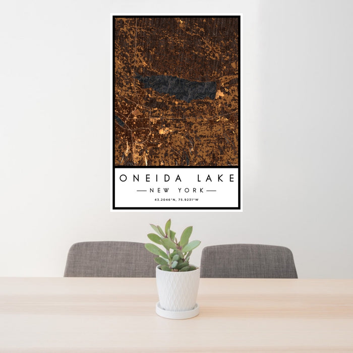 24x36 Oneida Lake New York Map Print Portrait Orientation in Ember Style Behind 2 Chairs Table and Potted Plant