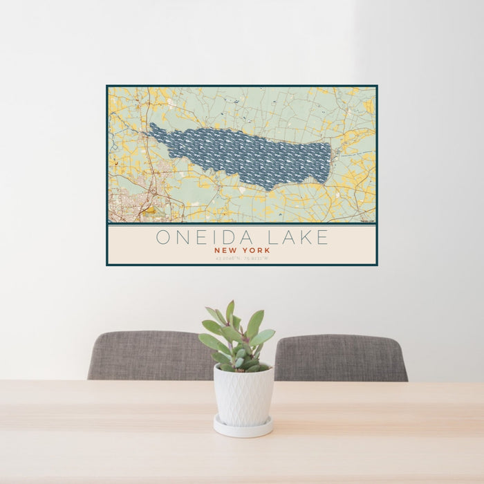 24x36 Oneida Lake New York Map Print Lanscape Orientation in Woodblock Style Behind 2 Chairs Table and Potted Plant