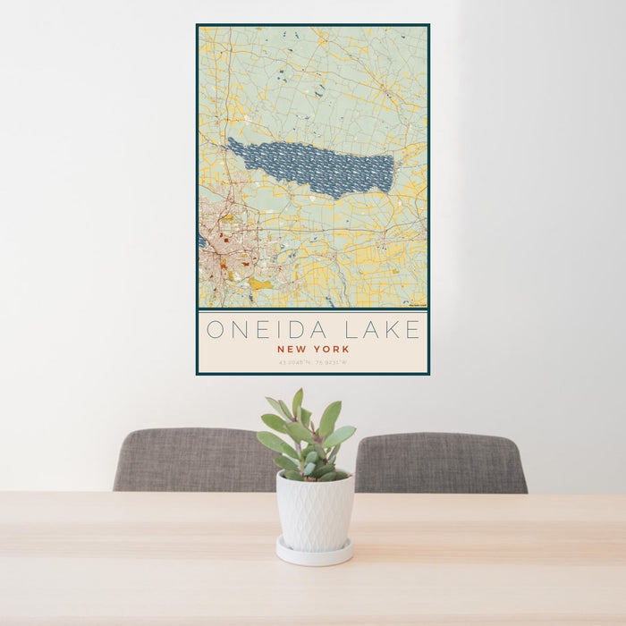 24x36 Oneida Lake New York Map Print Portrait Orientation in Woodblock Style Behind 2 Chairs Table and Potted Plant