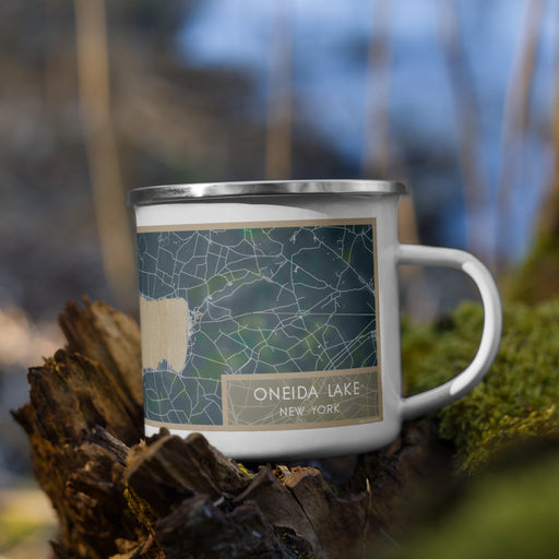 Right View Custom Oneida Lake New York Map Enamel Mug in Afternoon on Grass With Trees in Background