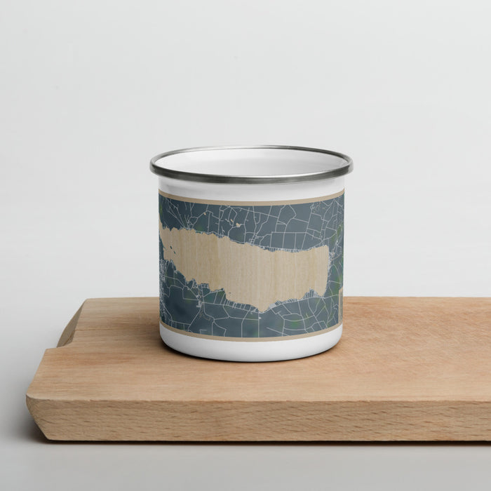 Front View Custom Oneida Lake New York Map Enamel Mug in Afternoon on Cutting Board