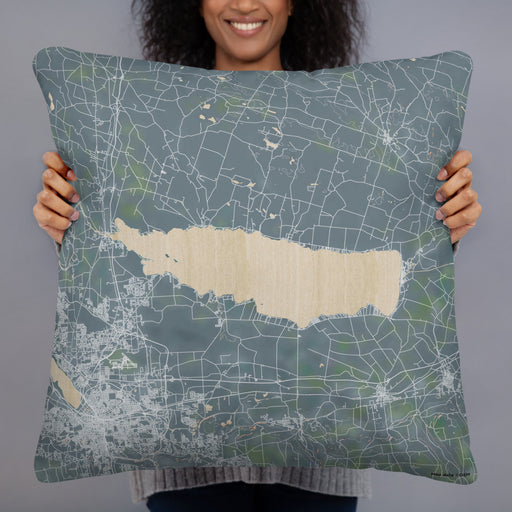 Person holding 22x22 Custom Oneida Lake New York Map Throw Pillow in Afternoon