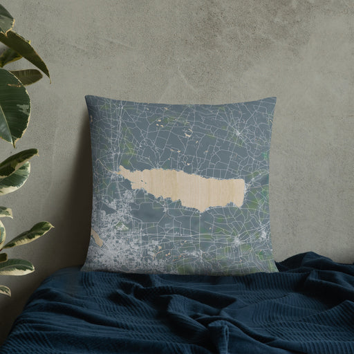 Custom Oneida Lake New York Map Throw Pillow in Afternoon on Bedding Against Wall