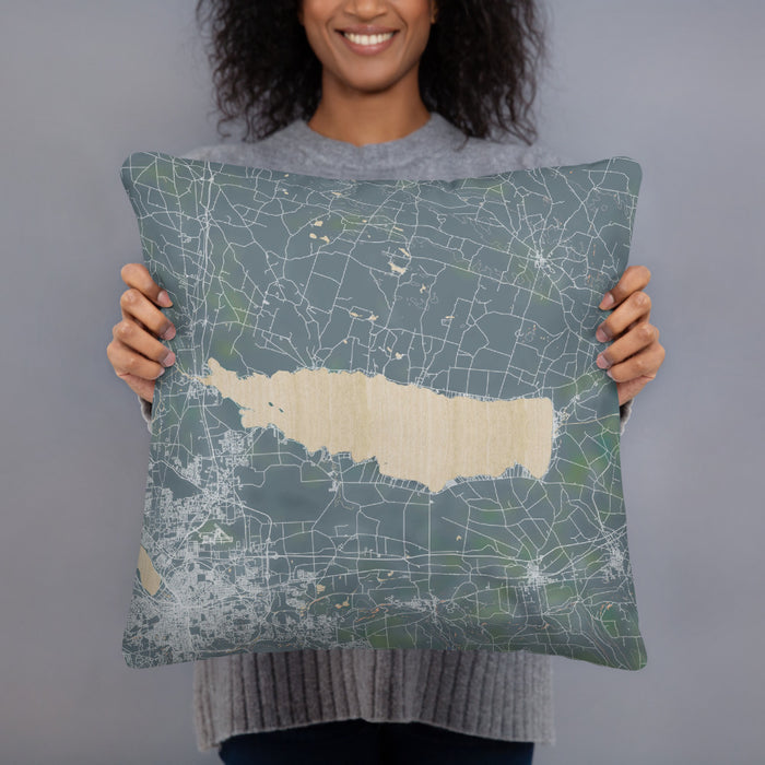 Person holding 18x18 Custom Oneida Lake New York Map Throw Pillow in Afternoon