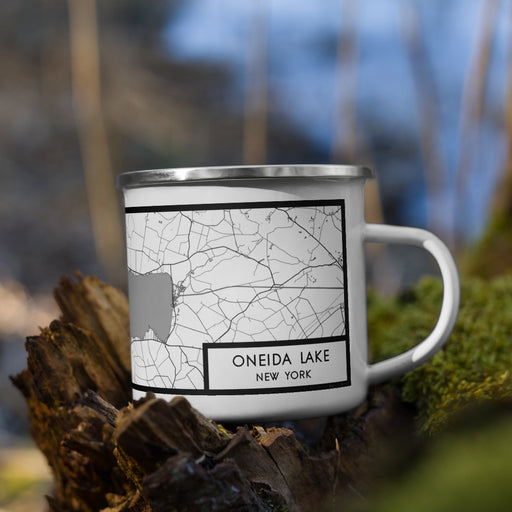 Right View Custom Oneida Lake New York Map Enamel Mug in Classic on Grass With Trees in Background