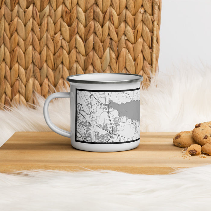 Left View Custom Oneida Lake New York Map Enamel Mug in Classic on Table Top