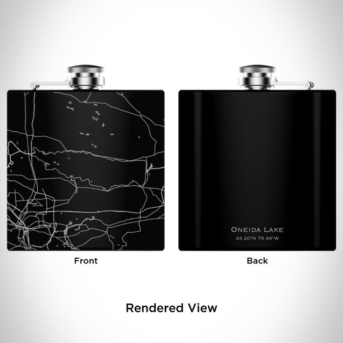 Rendered View of Oneida Lake New York Map Engraving on 6oz Stainless Steel Flask in Black