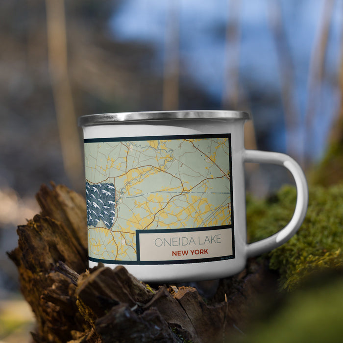 Right View Custom Oneida Lake New York Map Enamel Mug in Woodblock on Grass With Trees in Background