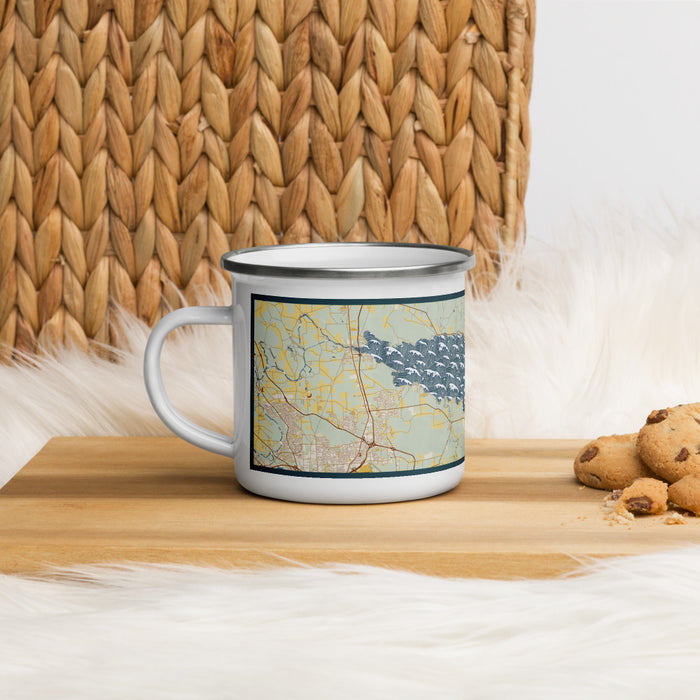 Left View Custom Oneida Lake New York Map Enamel Mug in Woodblock on Table Top