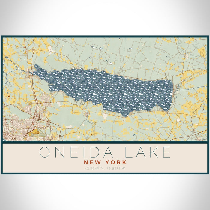 Oneida Lake New York Map Print Landscape Orientation in Woodblock Style With Shaded Background