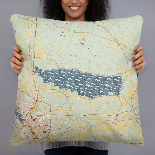 Person holding 22x22 Custom Oneida Lake New York Map Throw Pillow in Woodblock