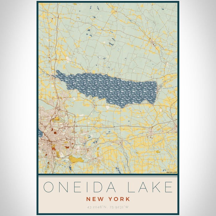 Oneida Lake New York Map Print Portrait Orientation in Woodblock Style With Shaded Background