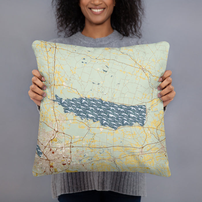 Person holding 18x18 Custom Oneida Lake New York Map Throw Pillow in Woodblock