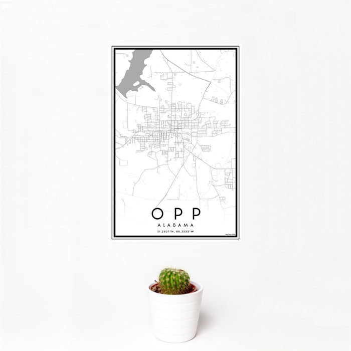 12x18 Opp Alabama Map Print Portrait Orientation in Classic Style With Small Cactus Plant in White Planter