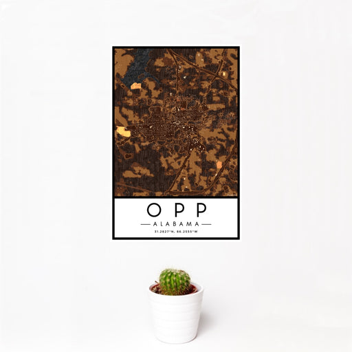 12x18 Opp Alabama Map Print Portrait Orientation in Ember Style With Small Cactus Plant in White Planter