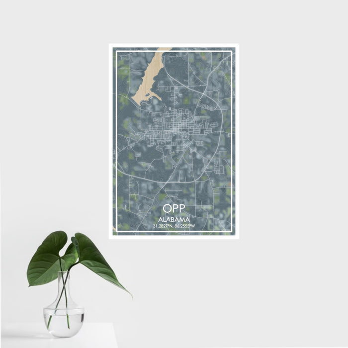 16x24 Opp Alabama Map Print Portrait Orientation in Afternoon Style With Tropical Plant Leaves in Water