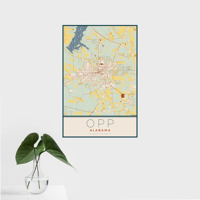 16x24 Opp Alabama Map Print Portrait Orientation in Woodblock Style With Tropical Plant Leaves in Water