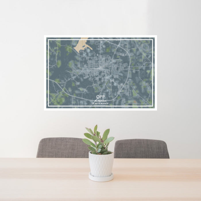 24x36 Opp Alabama Map Print Lanscape Orientation in Afternoon Style Behind 2 Chairs Table and Potted Plant