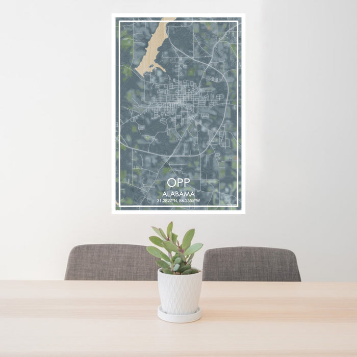 24x36 Opp Alabama Map Print Portrait Orientation in Afternoon Style Behind 2 Chairs Table and Potted Plant