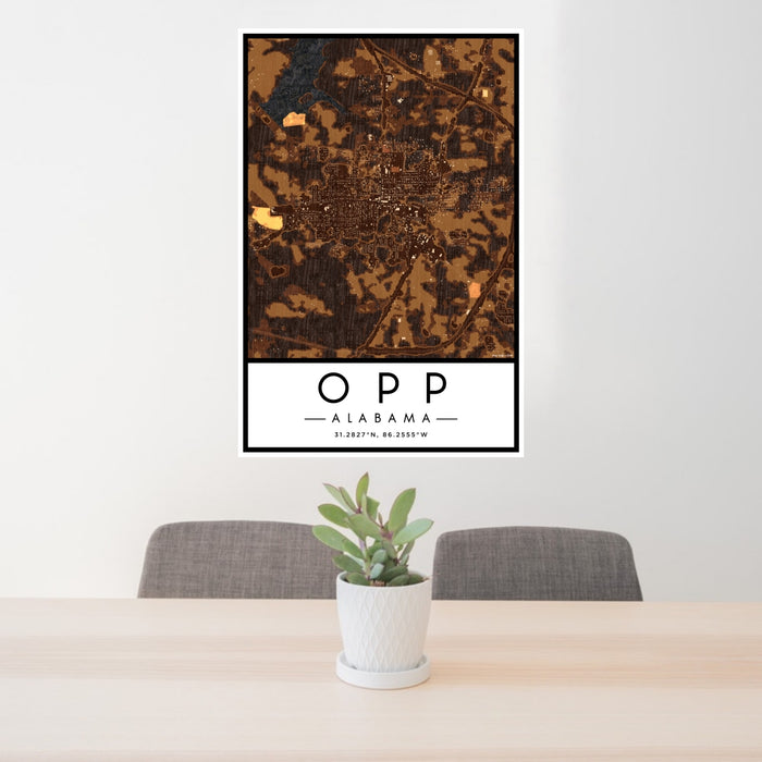 24x36 Opp Alabama Map Print Portrait Orientation in Ember Style Behind 2 Chairs Table and Potted Plant