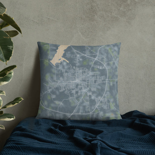 Custom Opp Alabama Map Throw Pillow in Afternoon on Bedding Against Wall