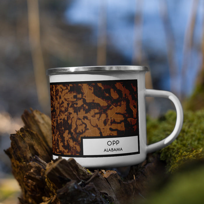 Right View Custom Opp Alabama Map Enamel Mug in Ember on Grass With Trees in Background