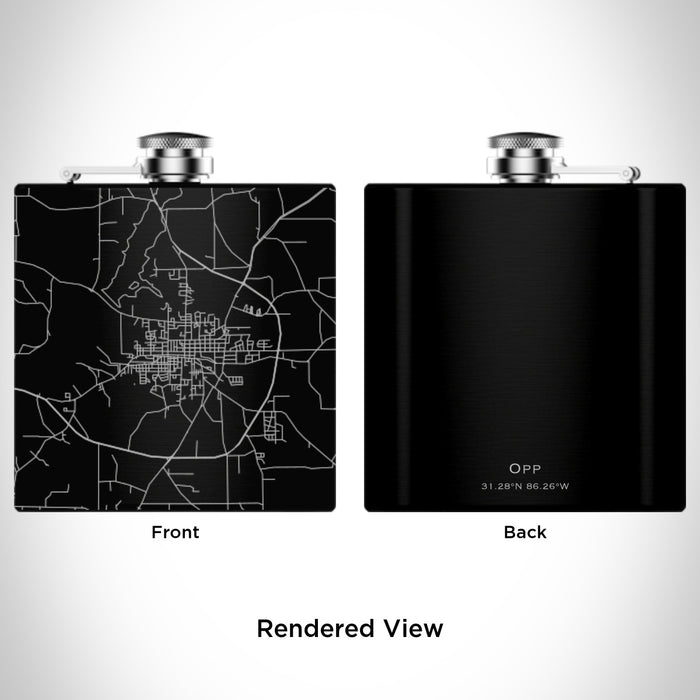 Rendered View of Opp Alabama Map Engraving on 6oz Stainless Steel Flask in Black