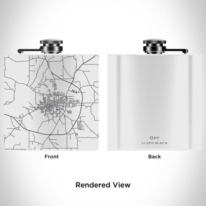 Rendered View of Opp Alabama Map Engraving on 6oz Stainless Steel Flask in White