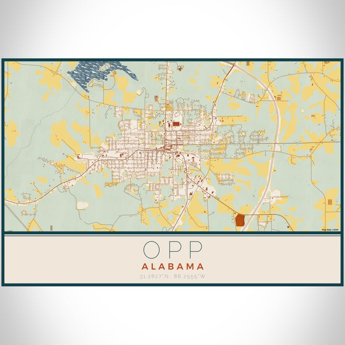 Opp Alabama Map Print Landscape Orientation in Woodblock Style With Shaded Background