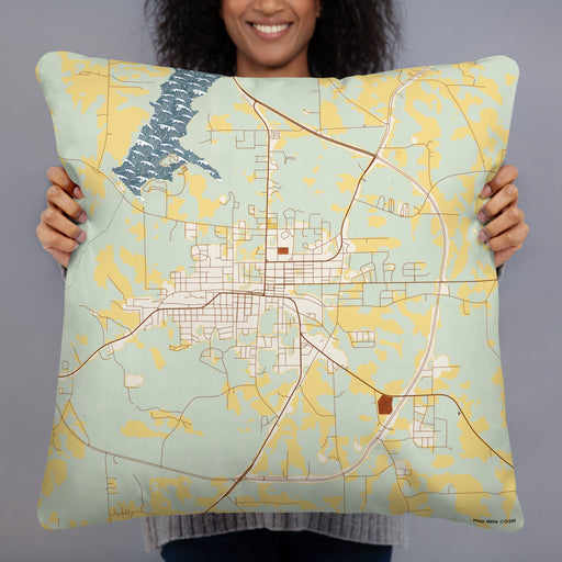 Person holding 22x22 Custom Opp Alabama Map Throw Pillow in Woodblock