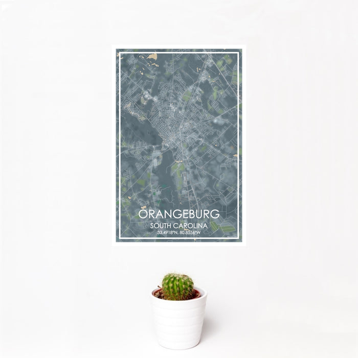 12x18 Orangeburg South Carolina Map Print Portrait Orientation in Afternoon Style With Small Cactus Plant in White Planter