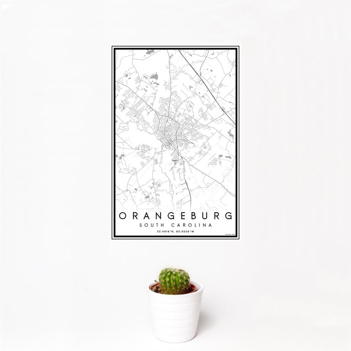 12x18 Orangeburg South Carolina Map Print Portrait Orientation in Classic Style With Small Cactus Plant in White Planter