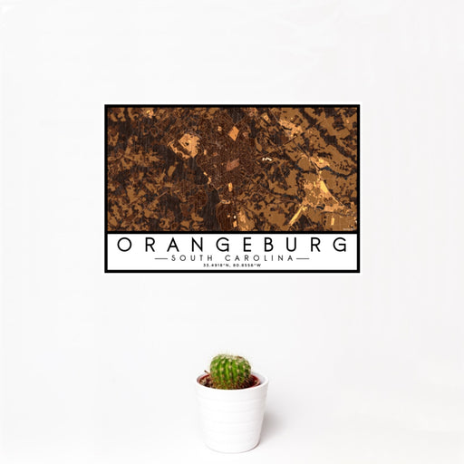12x18 Orangeburg South Carolina Map Print Landscape Orientation in Ember Style With Small Cactus Plant in White Planter