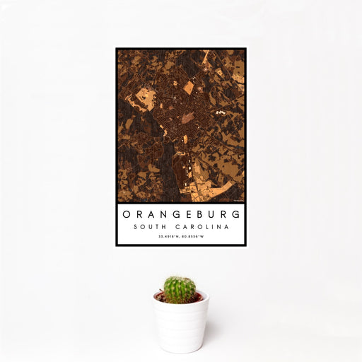 12x18 Orangeburg South Carolina Map Print Portrait Orientation in Ember Style With Small Cactus Plant in White Planter