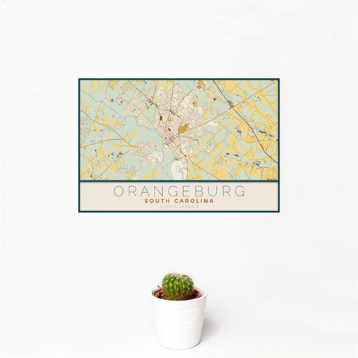 12x18 Orangeburg South Carolina Map Print Landscape Orientation in Woodblock Style With Small Cactus Plant in White Planter