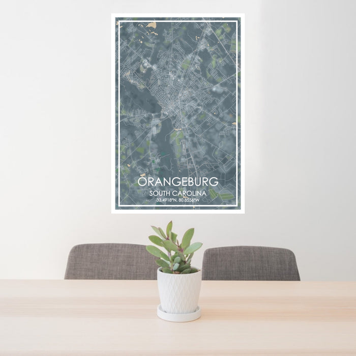 24x36 Orangeburg South Carolina Map Print Portrait Orientation in Afternoon Style Behind 2 Chairs Table and Potted Plant