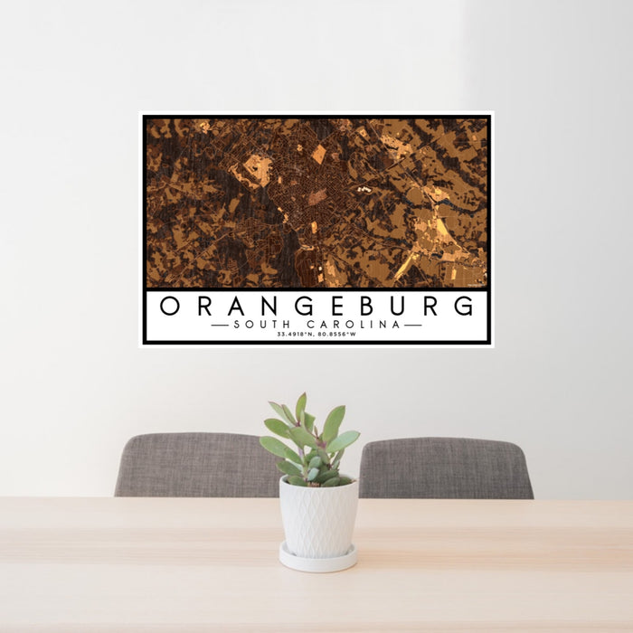 24x36 Orangeburg South Carolina Map Print Lanscape Orientation in Ember Style Behind 2 Chairs Table and Potted Plant