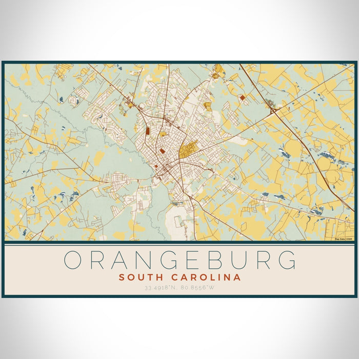 Orangeburg South Carolina Map Print Landscape Orientation in Woodblock Style With Shaded Background