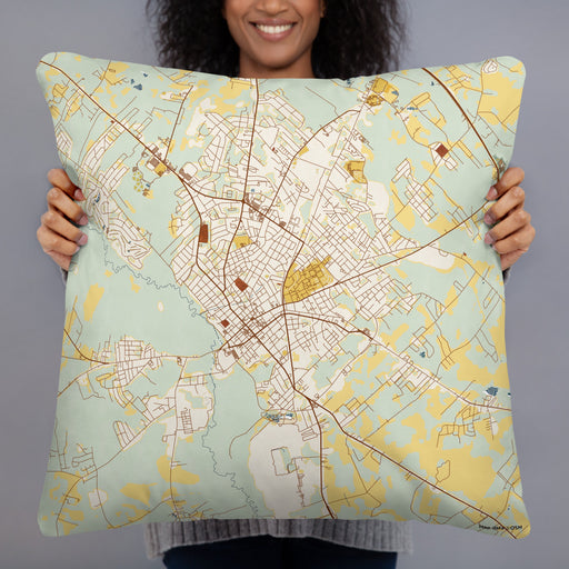 Person holding 22x22 Custom Orangeburg South Carolina Map Throw Pillow in Woodblock