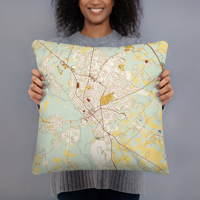 Person holding 18x18 Custom Orangeburg South Carolina Map Throw Pillow in Woodblock