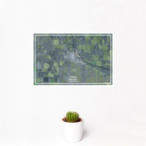 12x18 Ord Nebraska Map Print Landscape Orientation in Afternoon Style With Small Cactus Plant in White Planter