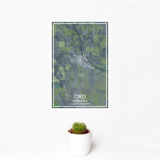 12x18 Ord Nebraska Map Print Portrait Orientation in Afternoon Style With Small Cactus Plant in White Planter
