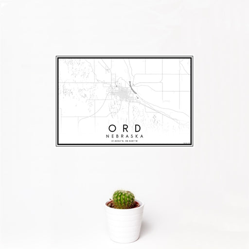 12x18 Ord Nebraska Map Print Landscape Orientation in Classic Style With Small Cactus Plant in White Planter