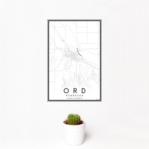 12x18 Ord Nebraska Map Print Portrait Orientation in Classic Style With Small Cactus Plant in White Planter